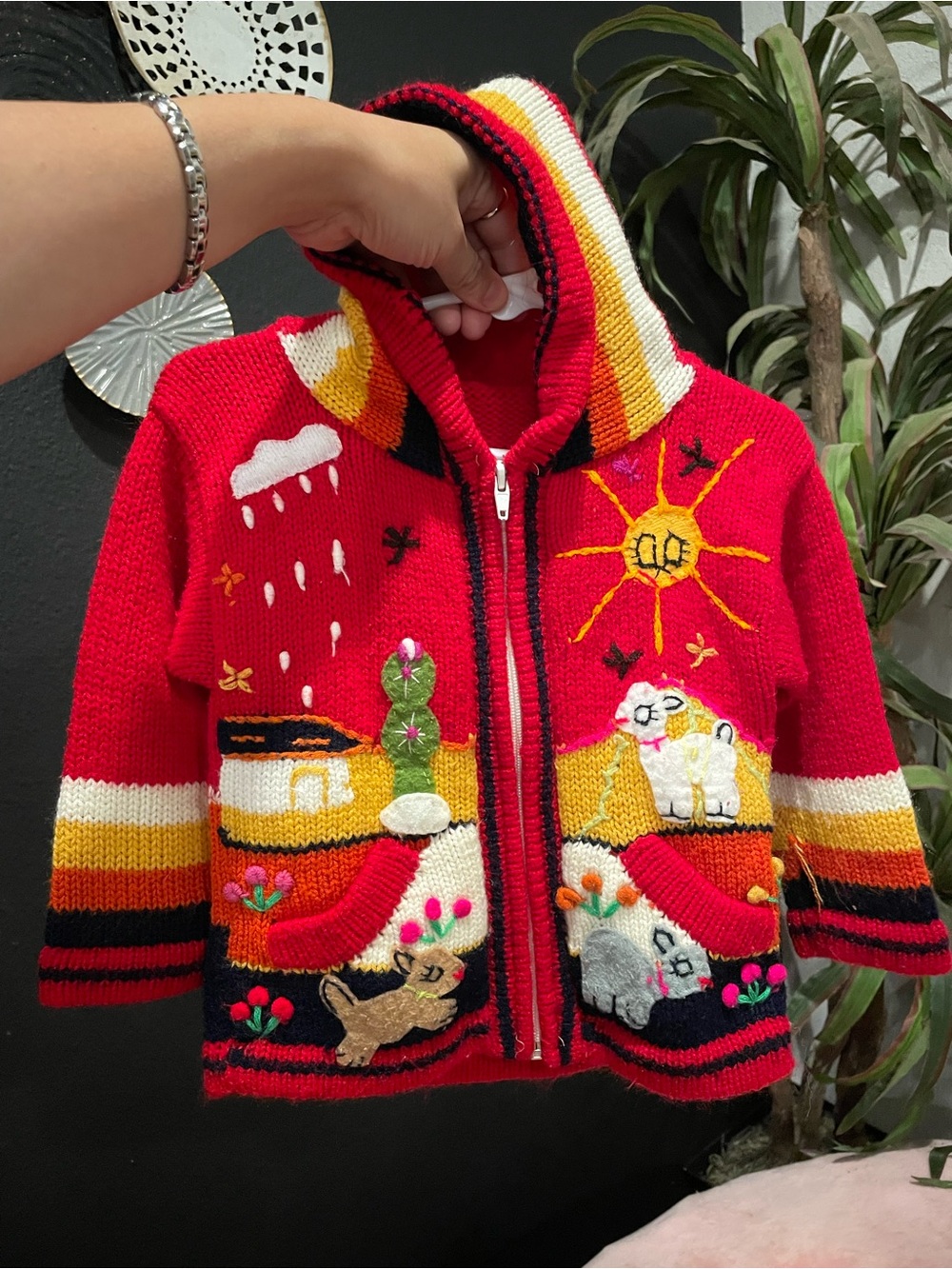 Red Hooded Kids Zip-Up Jacket with Colorful Scenic Appliqués
